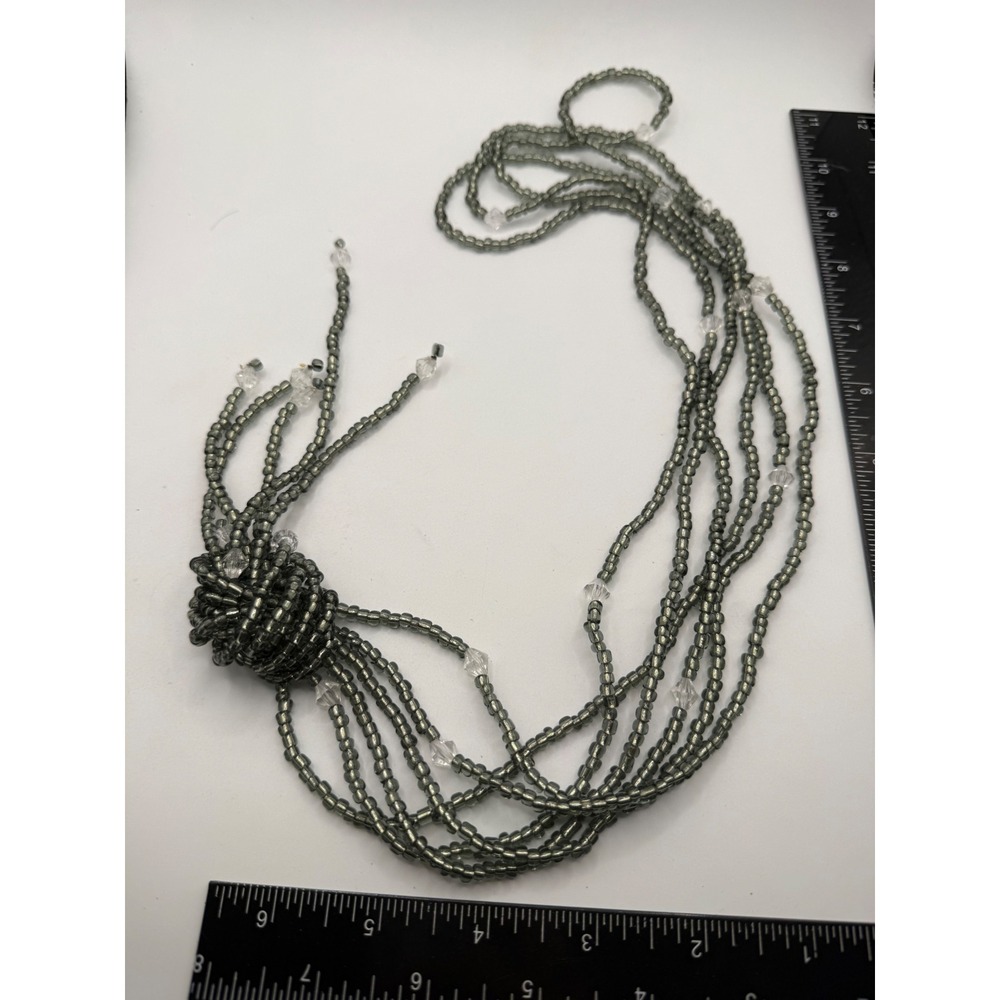 Metallic Grey Multi Strand Seed Bead Knotted Statement Necklace Clear Accents